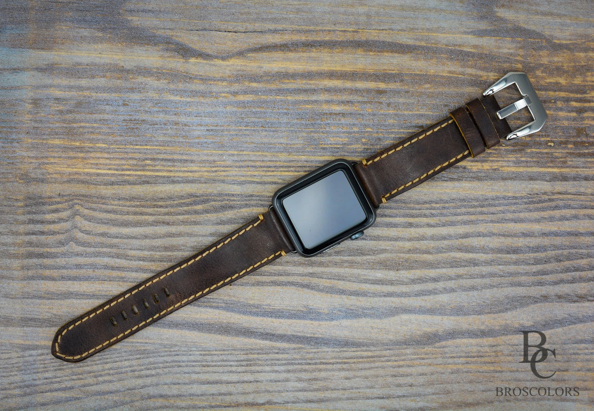 Brown Leather Apple Watch Strap with Tan Stitching