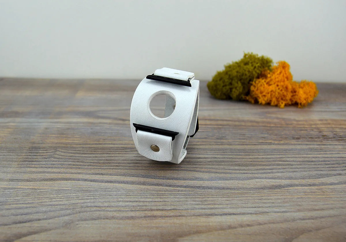 White Leather Apple Watch Cuff Band