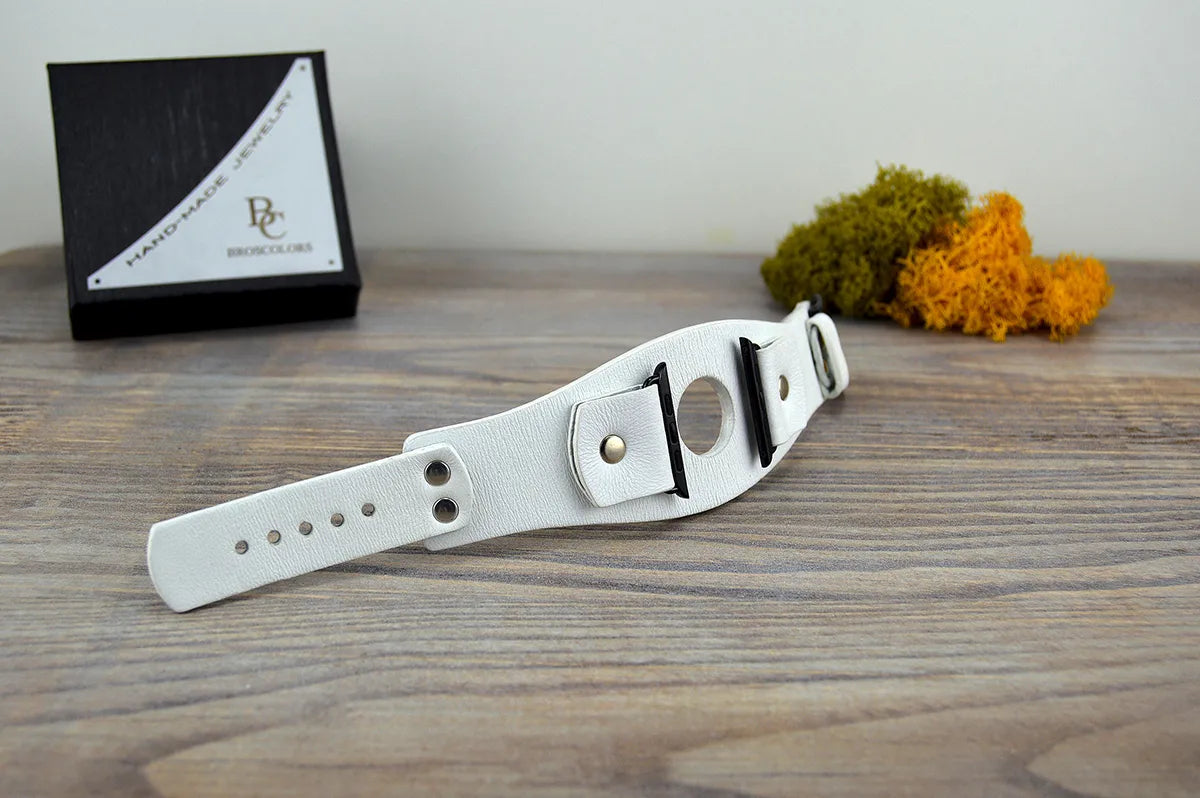 White Leather Apple Watch Cuff Band