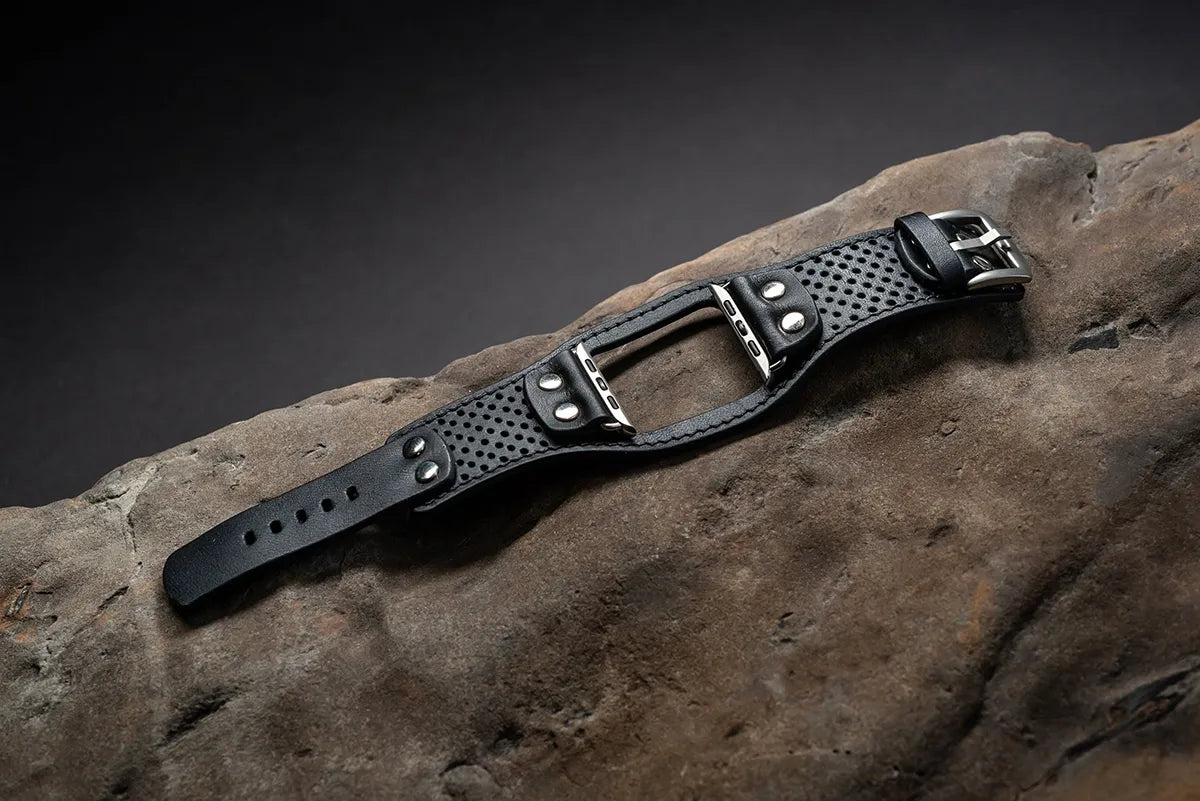 Black Apple Watch Leather Cuff Breathable Band - Sport Rock