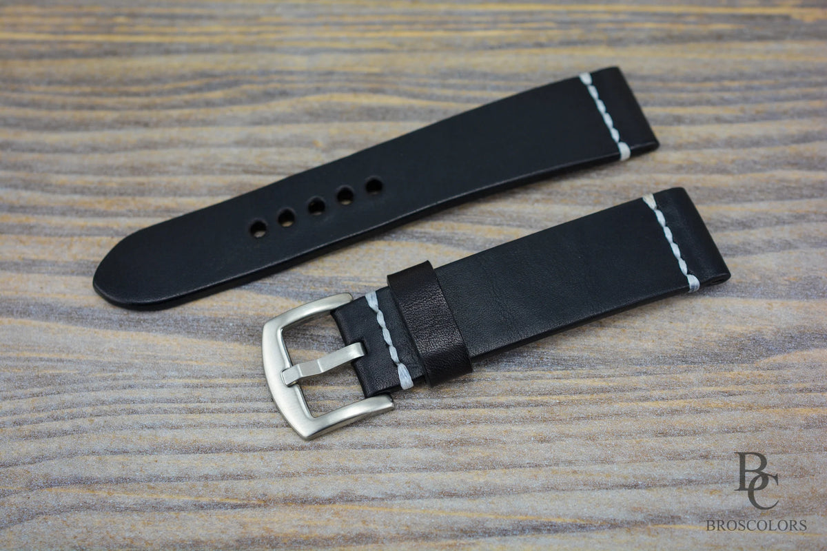 Black Leather Watch Strap with Waxed Stitching