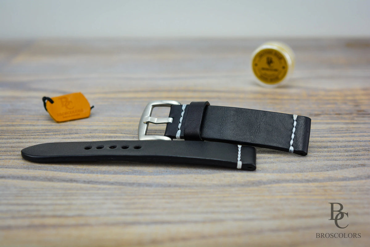 Black Leather Watch Strap with Waxed Stitching