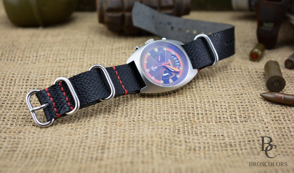 Black Leather Army Watch Strap with Custom Stitching