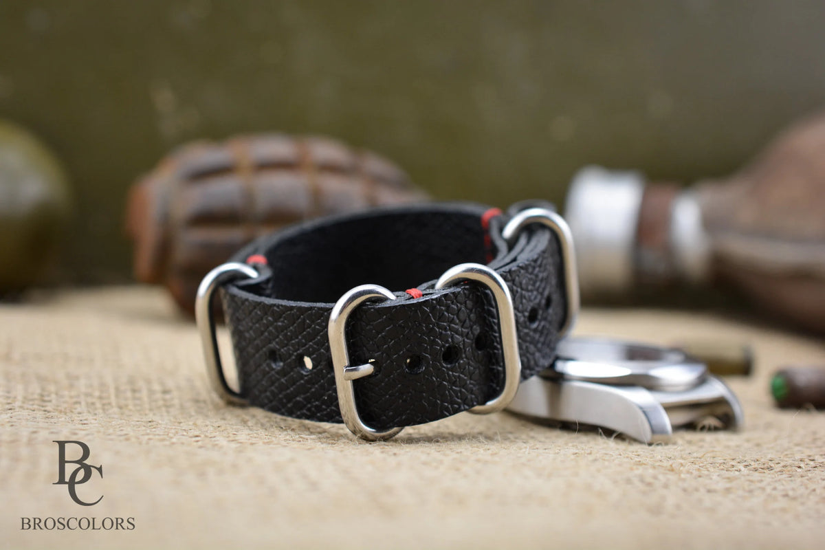 Black Leather Army Watch Strap with Custom Stitching