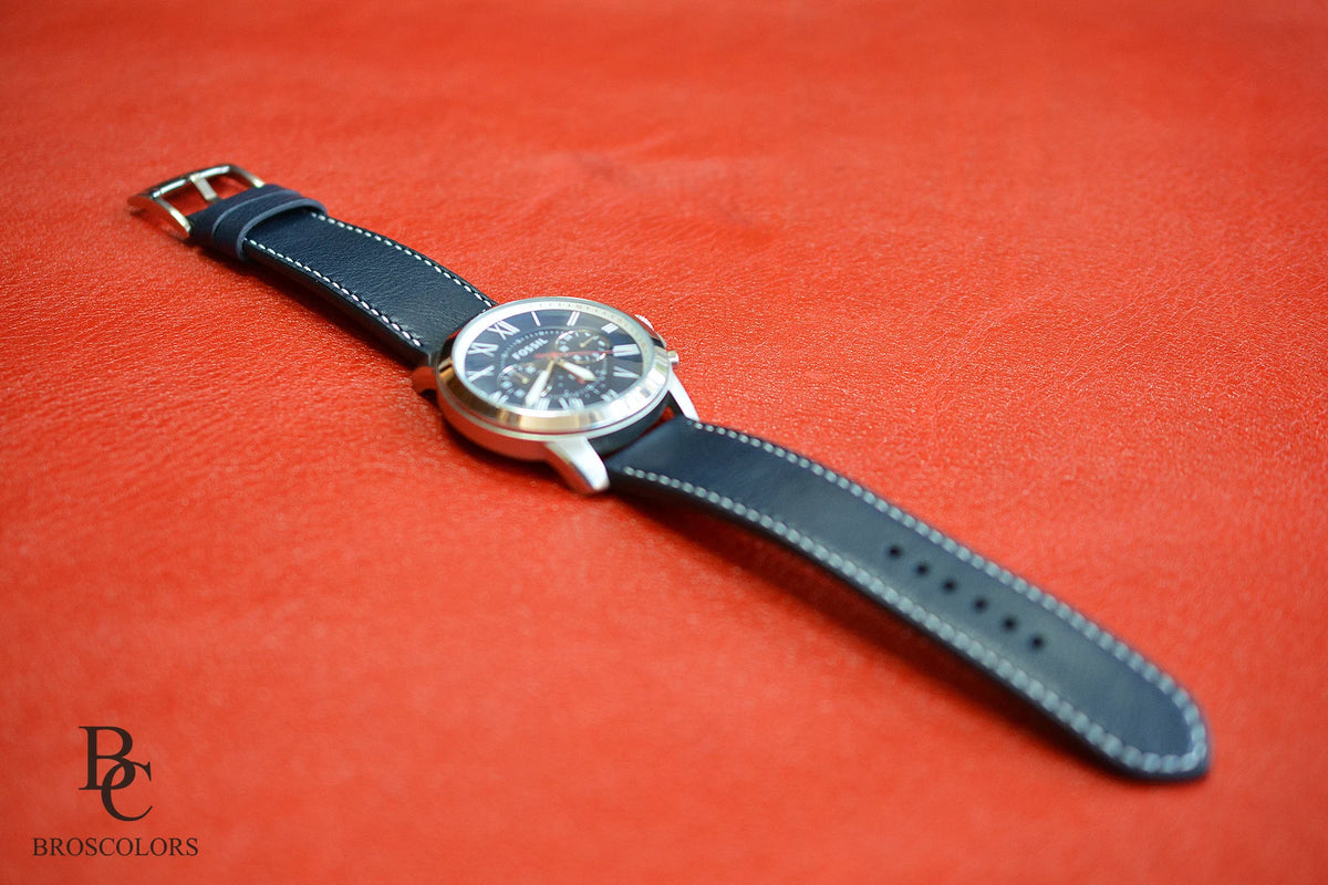 Blue Leather Watch Strap with Custom Stitching