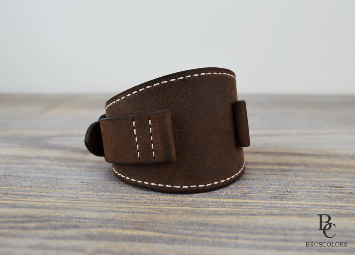 Brown Crazy Horse Leather Cuff Watch Band White Stitching - Raketa Watch