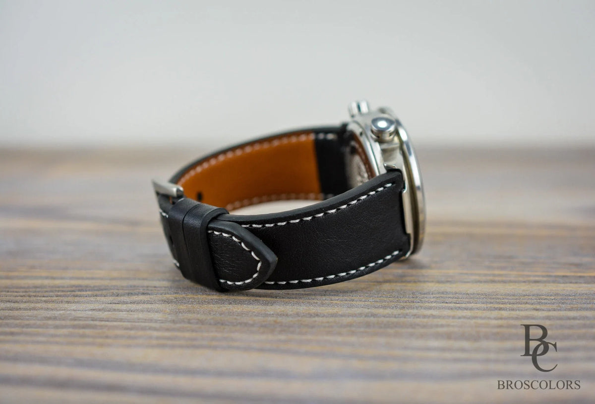 Classic Black Leather White Stitching Watch Strap - The General