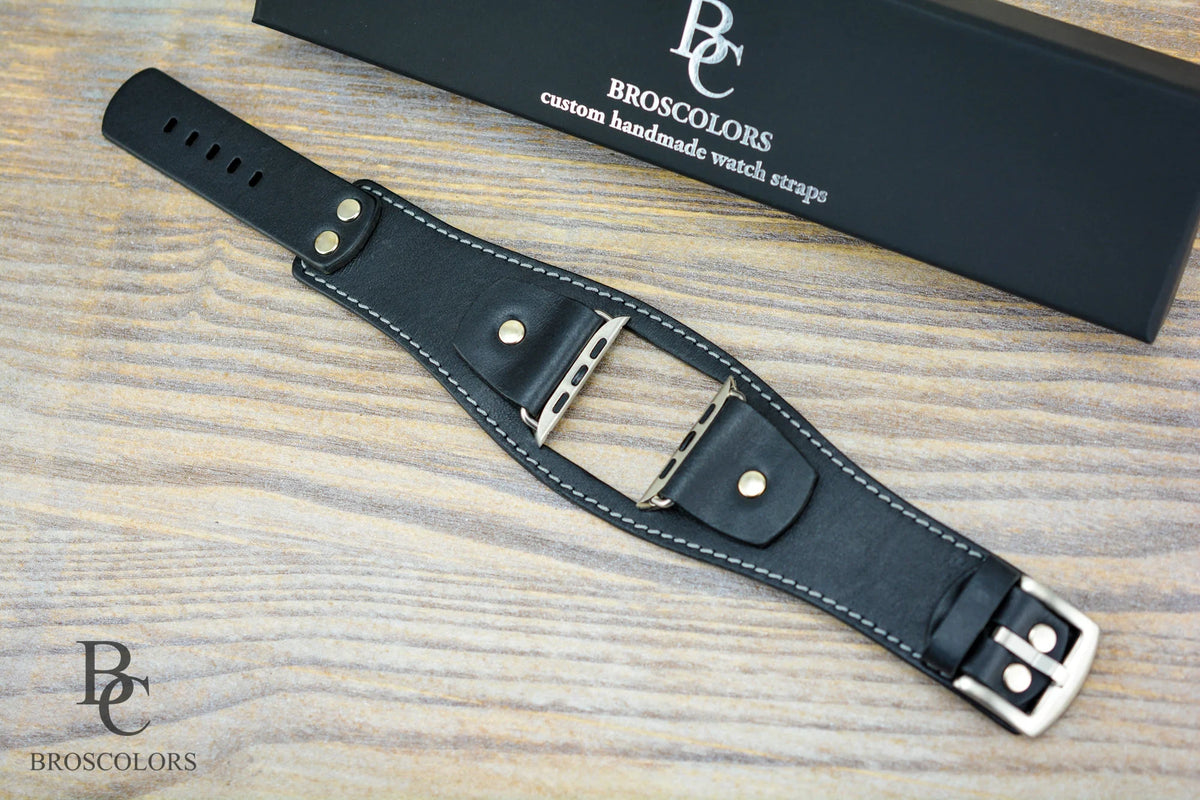 Cuff Apple Watch Band White Stitching - Black Leather