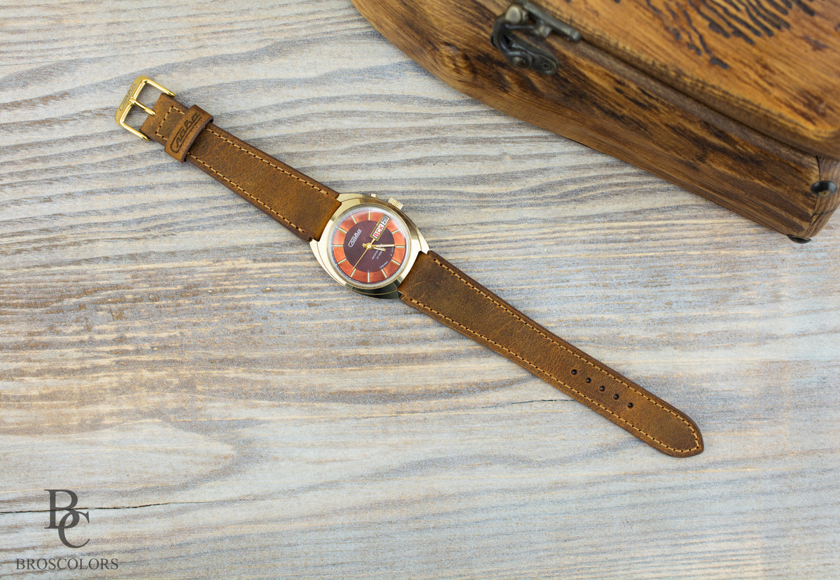 "слава"leather
watch strap, cognac brown leather strap, SLAVA leather watch strap