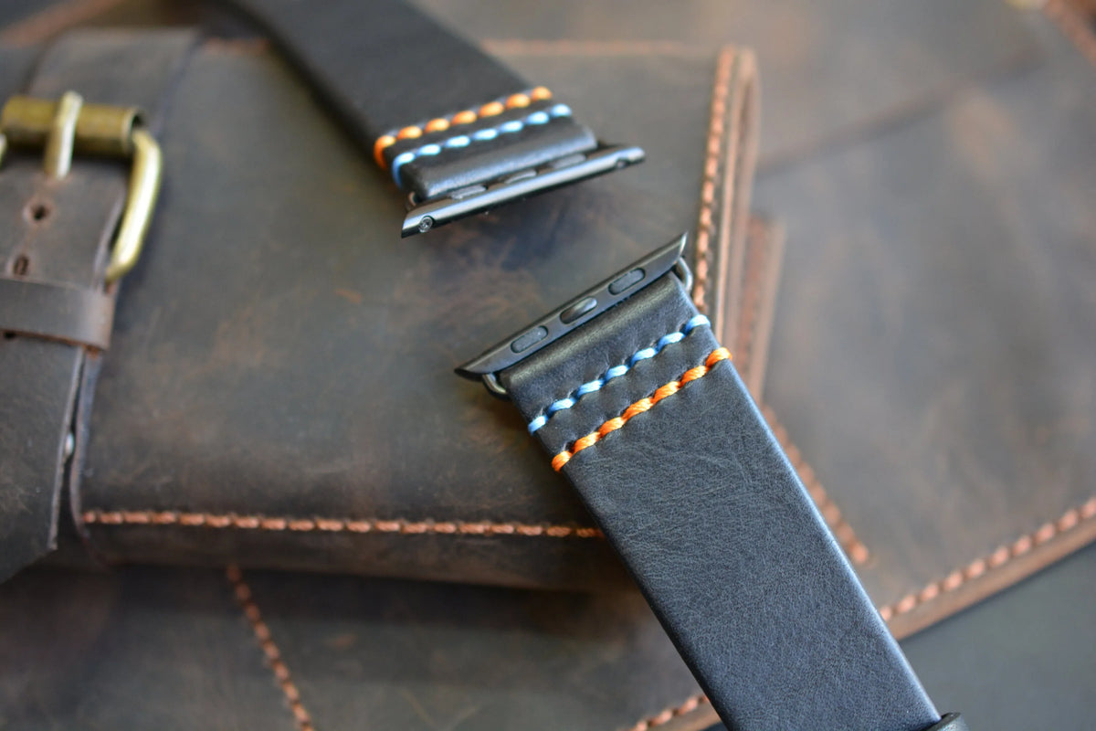 Black Leather Apple Watch Strap with 2 Customizable Stitching Colors - Double Fun