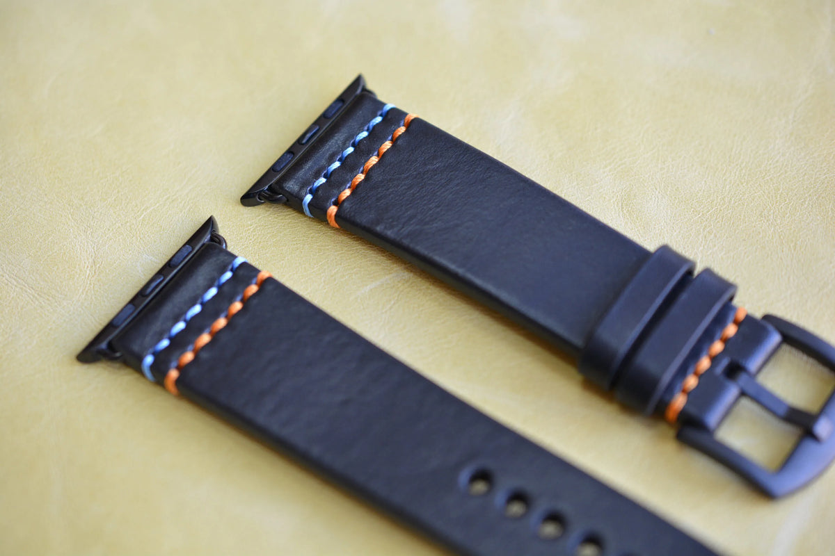 Black Leather Apple Watch Strap with 2 Customizable Stitching Colors - Double Fun