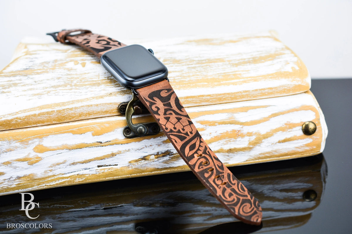Engraved Apple Watch Band Brown Leather - Tribal People