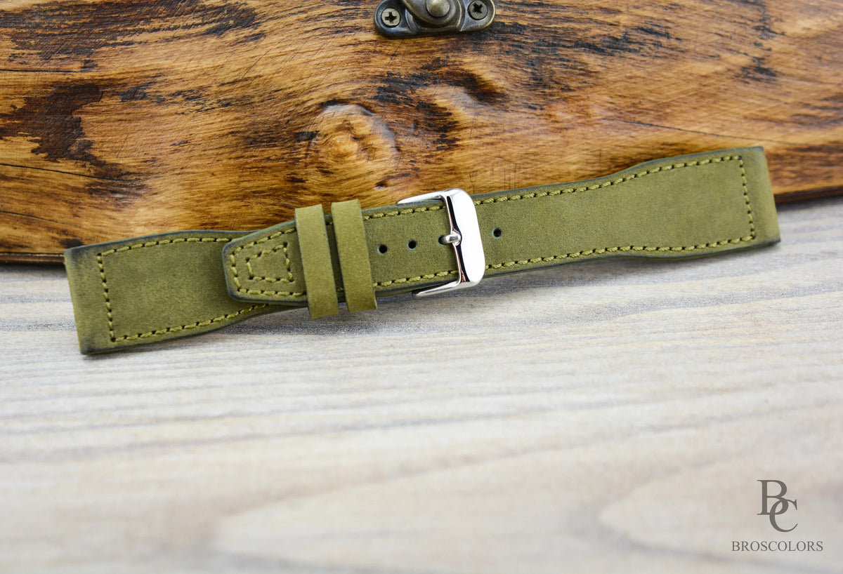 Green Suede Leather Pilot Leather Watch Strap - Forest Race