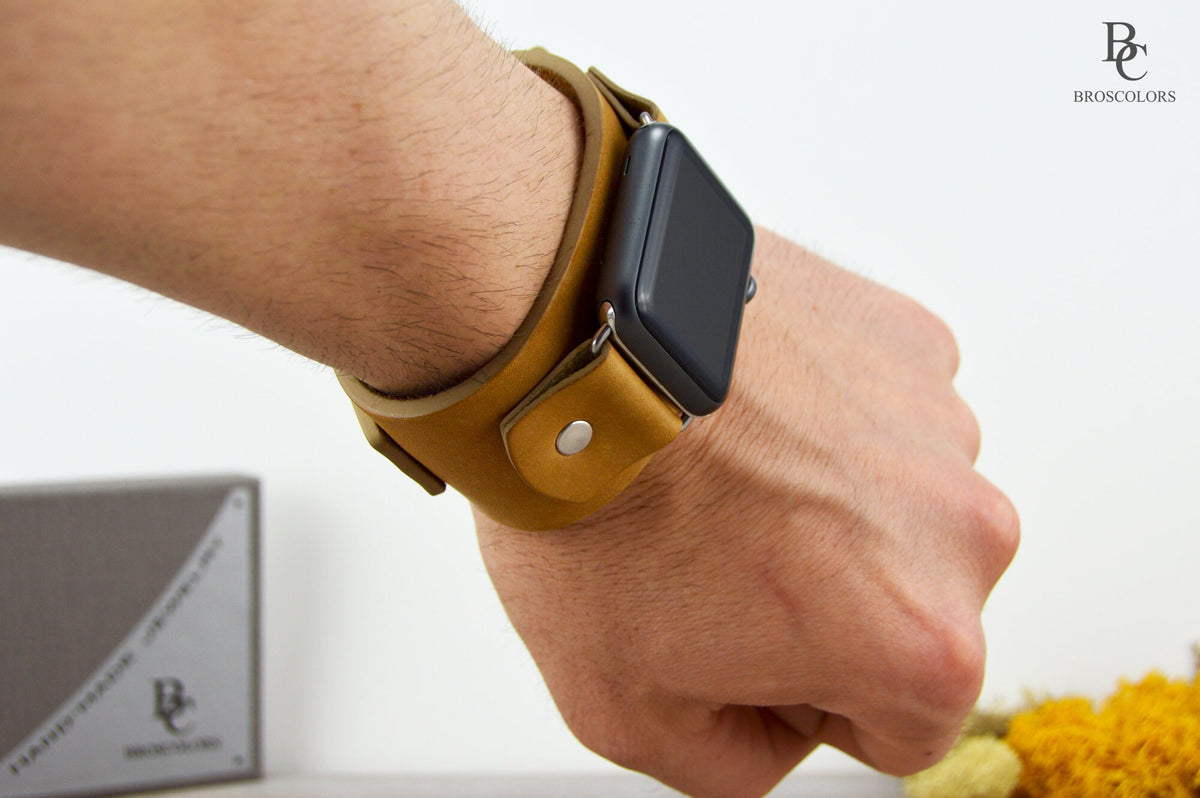 Light Brown Leather Apple Cuff Watch Band - Light and Comfy