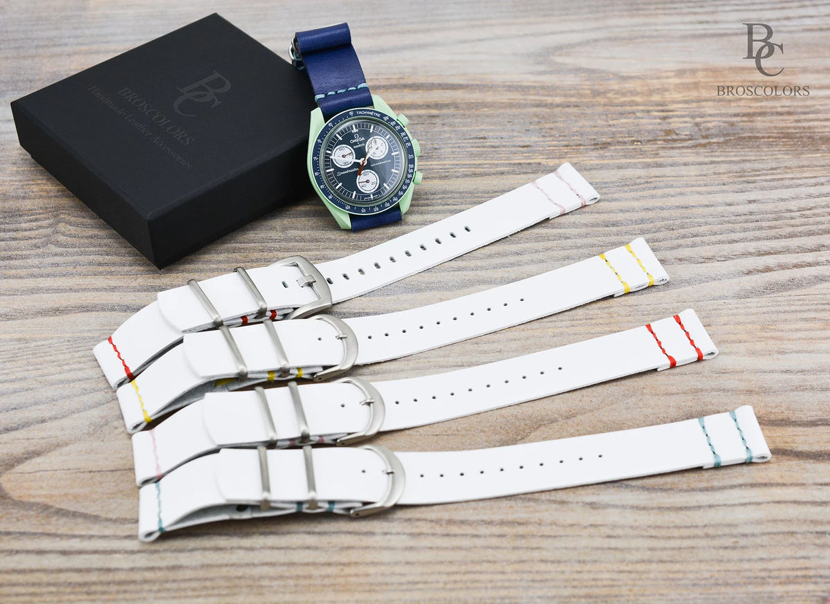 Omega Swatch MoonSwatch Leather Watch Band - White - Moon Landing