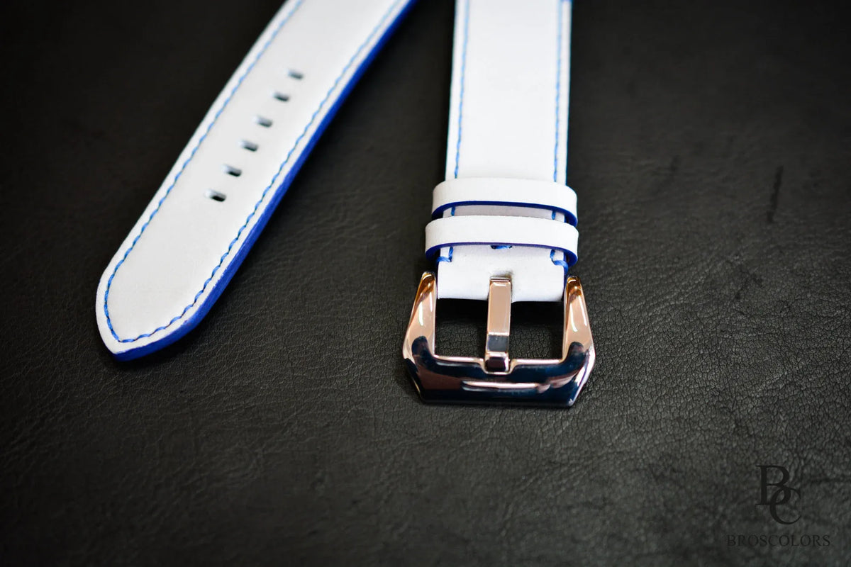 White Leather Watch Strap with Blue Stitching - Sailor Dream