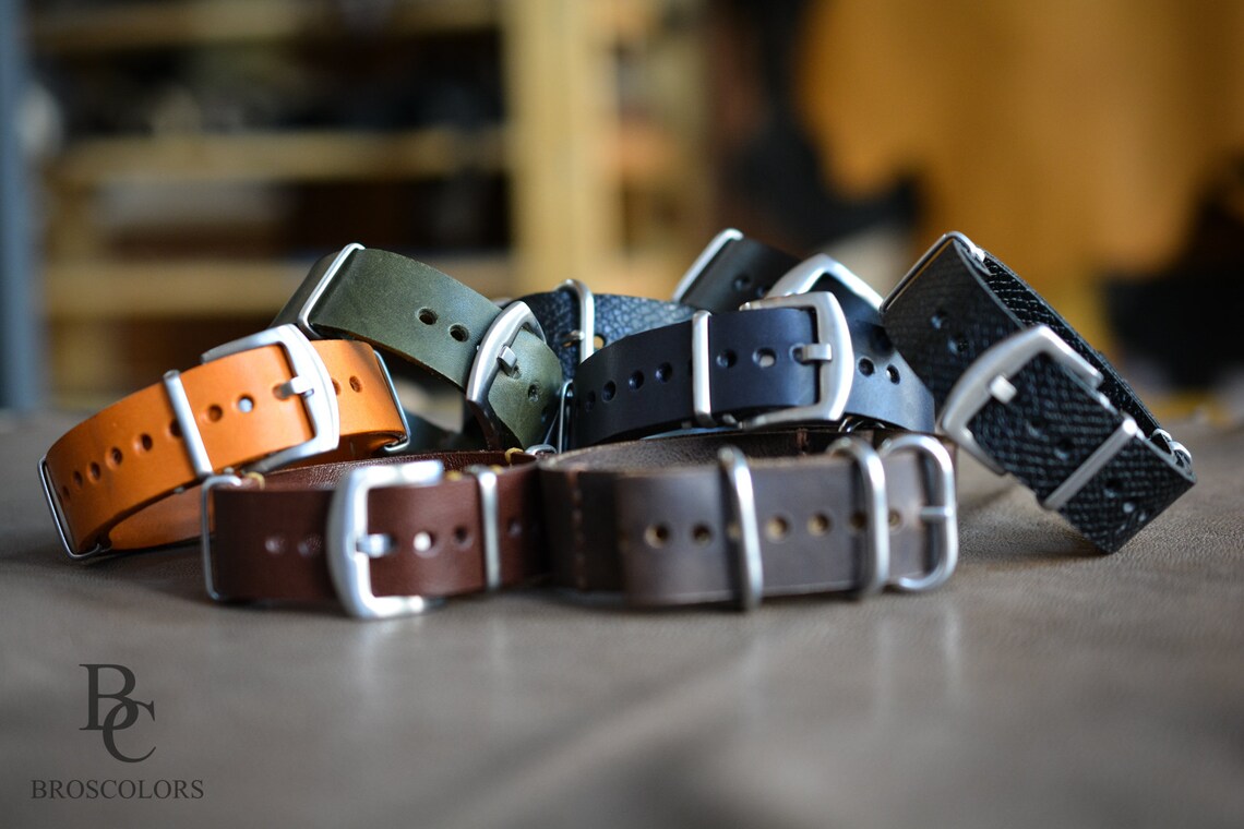Dark Grey Leather Military Watch Strap / Army Strap