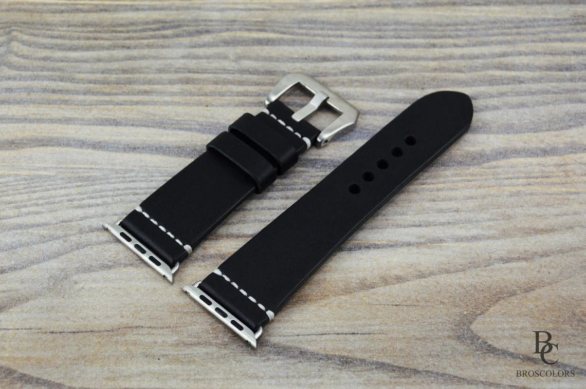 Black Leather Apple Watch Strap Custom Stitching - All Series
