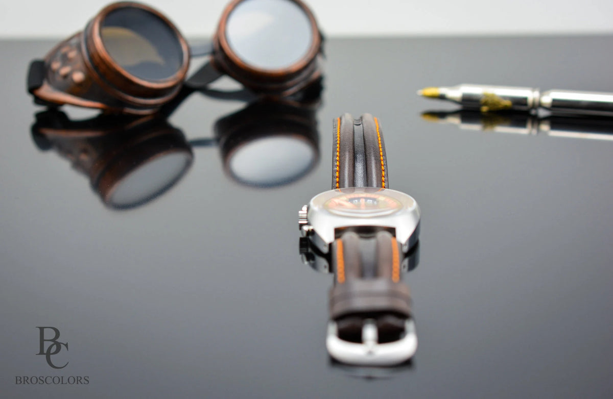 Brown Leather Pilot Watch Strap Orange Stitching - Pilot Race
