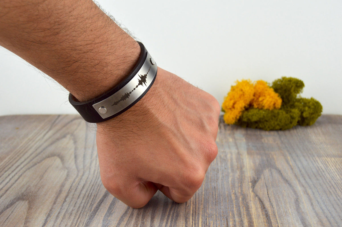 Sound Wave Bracelet, Personalized Gift for Him, Men's Custom Leather Bracelet, Husband Custom Gift, Bracelet for Him, Engraved Men Bracelet