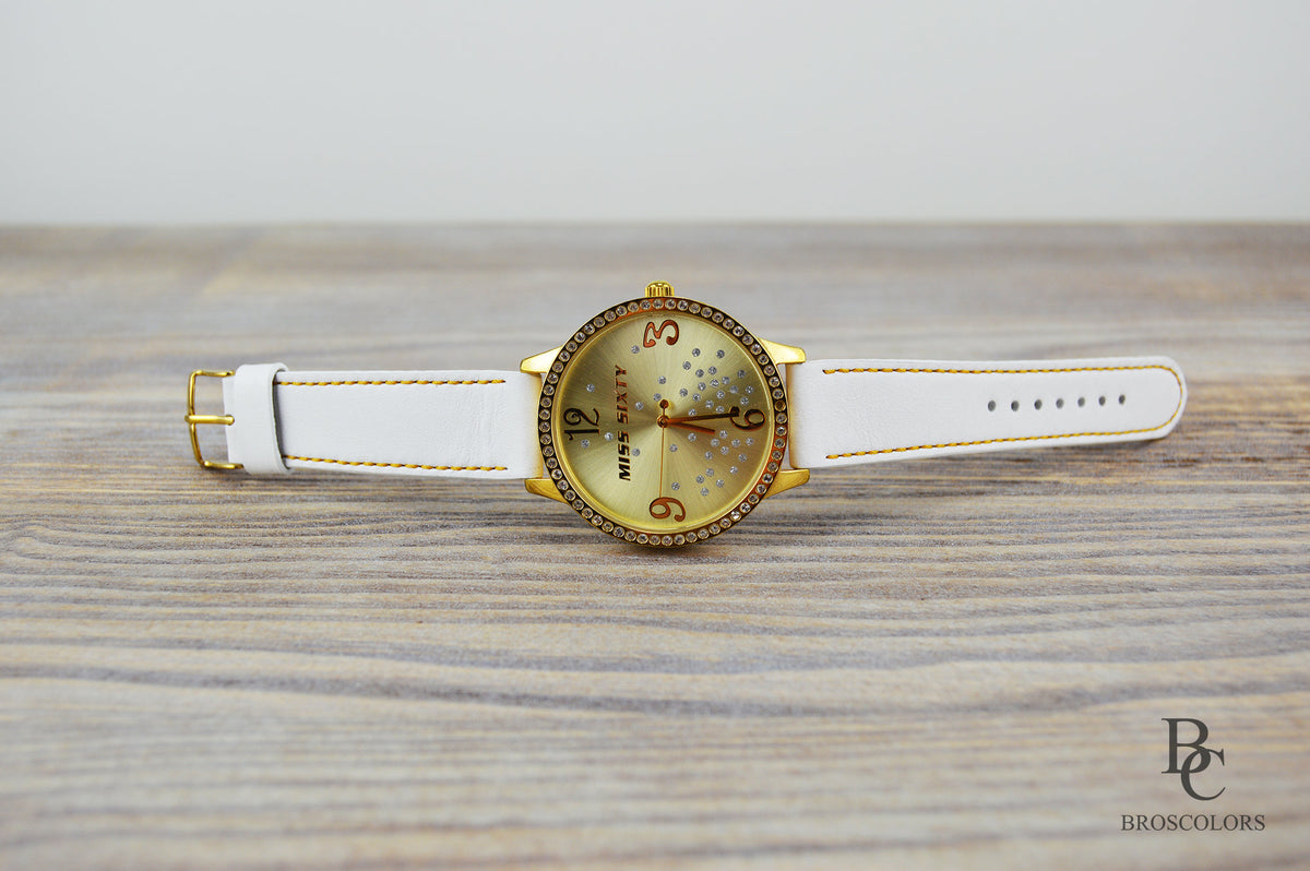 White Leather Watch Strap with golden yellow stitching