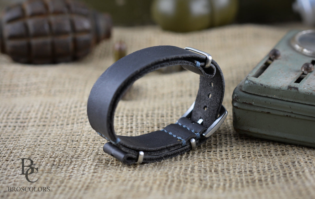 Dark Grey Leather Military Watch Strap / Army Strap