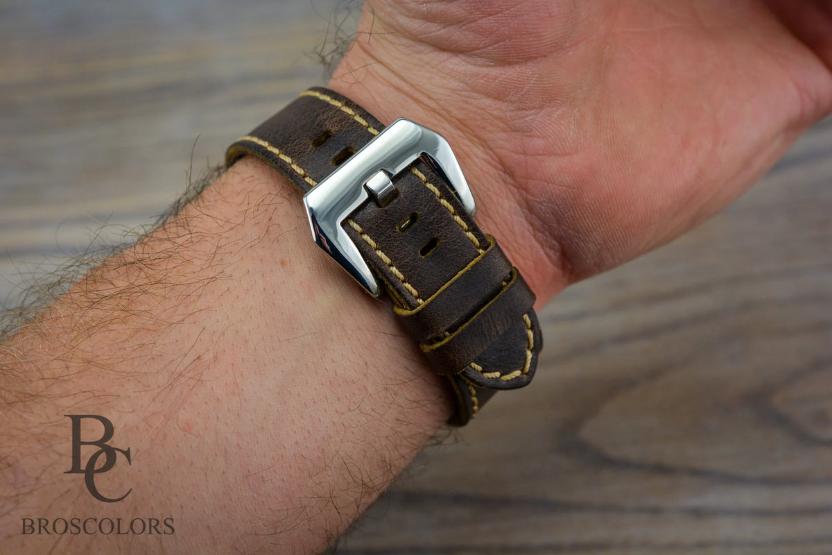 Brown Leather Apple Watch Strap with Tan Stitching
