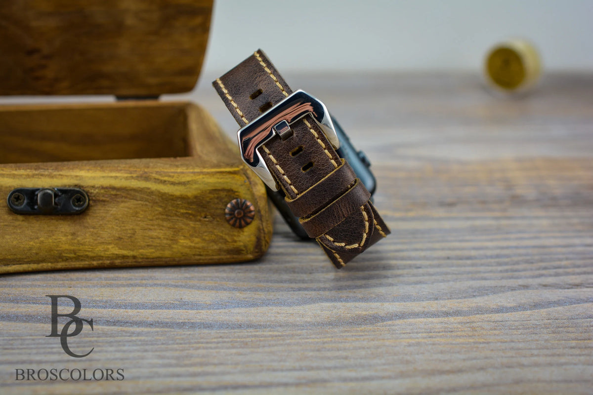 Brown Leather Apple Watch Strap with Tan Stitching