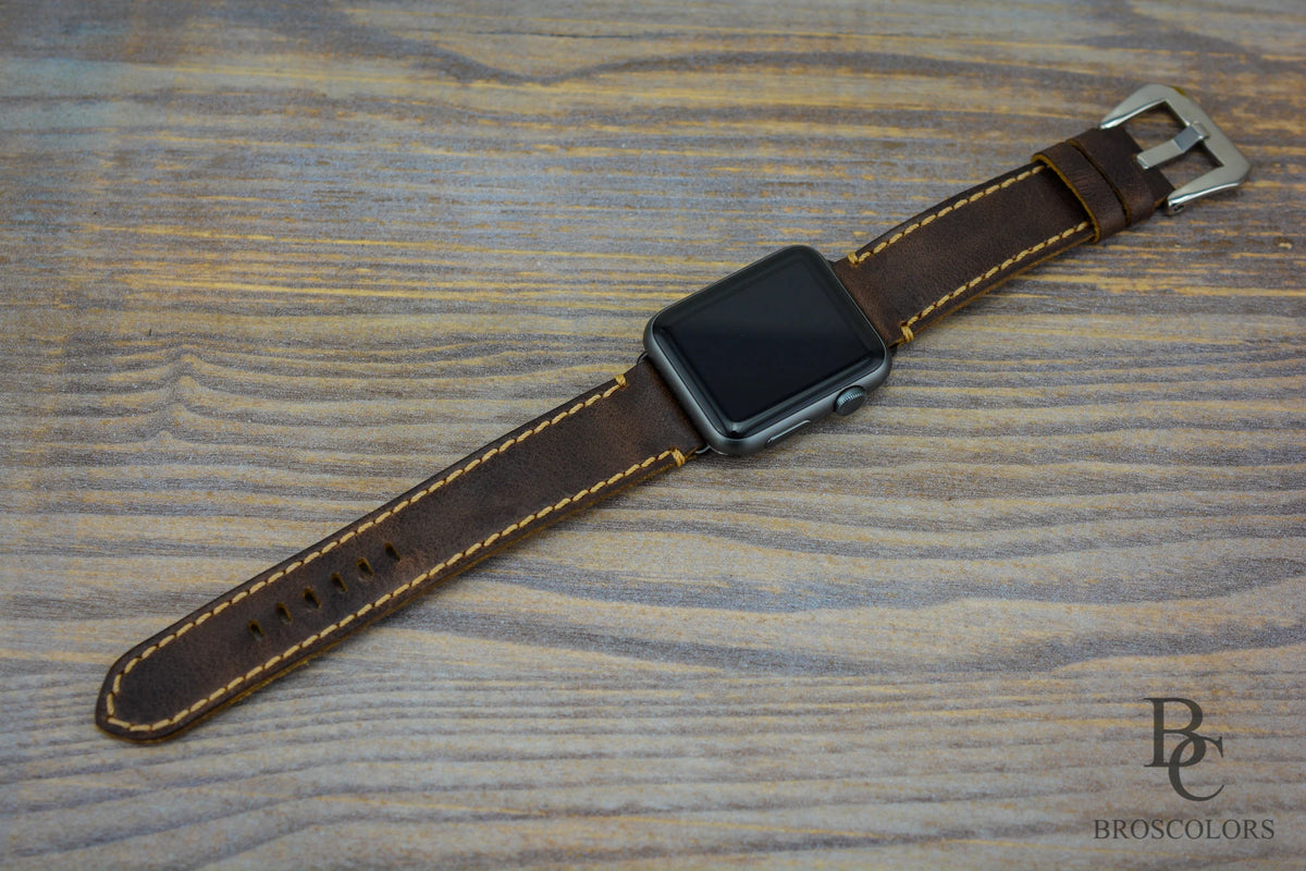 Brown Leather Apple Watch Strap with Tan Stitching