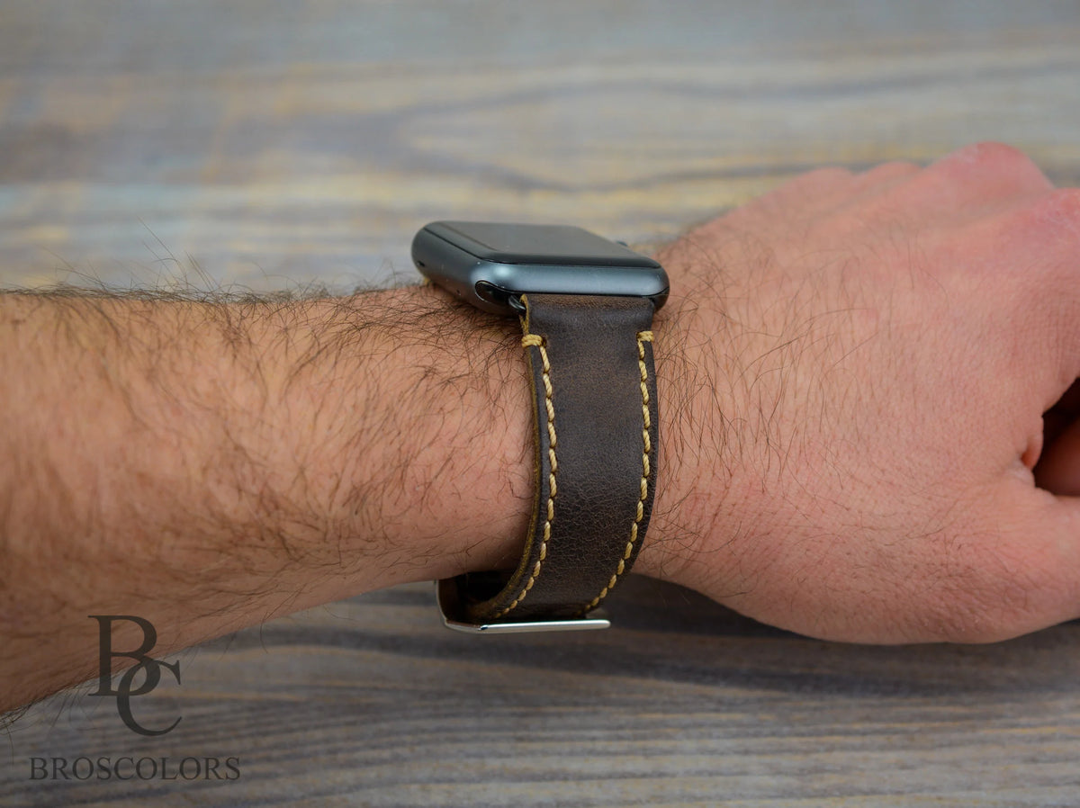 Brown Leather Apple Watch Strap with Tan Stitching