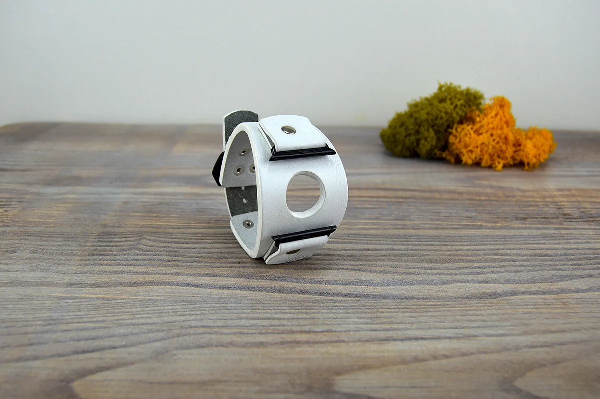 White Leather Apple Watch Cuff Band