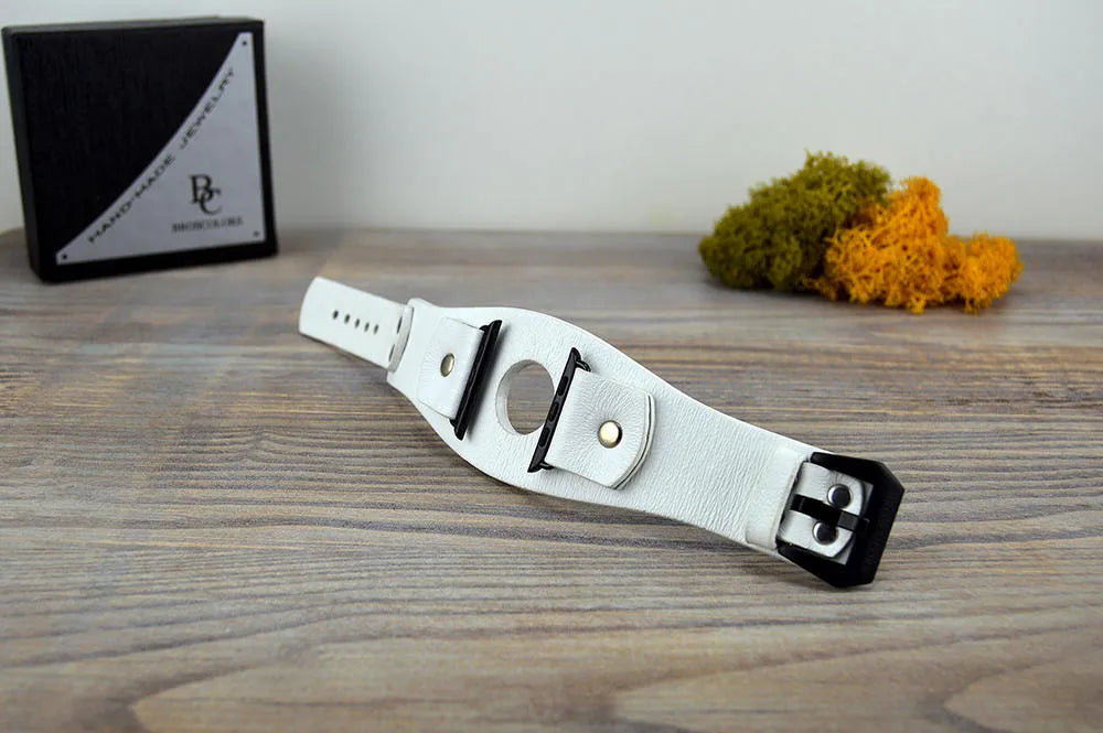 White Leather Apple Watch Cuff Band