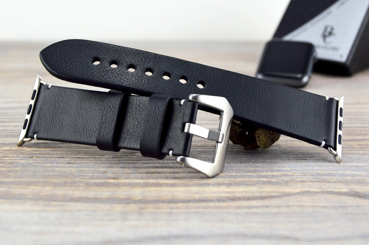 Black Apple Leather Watch Strap - Classic Black