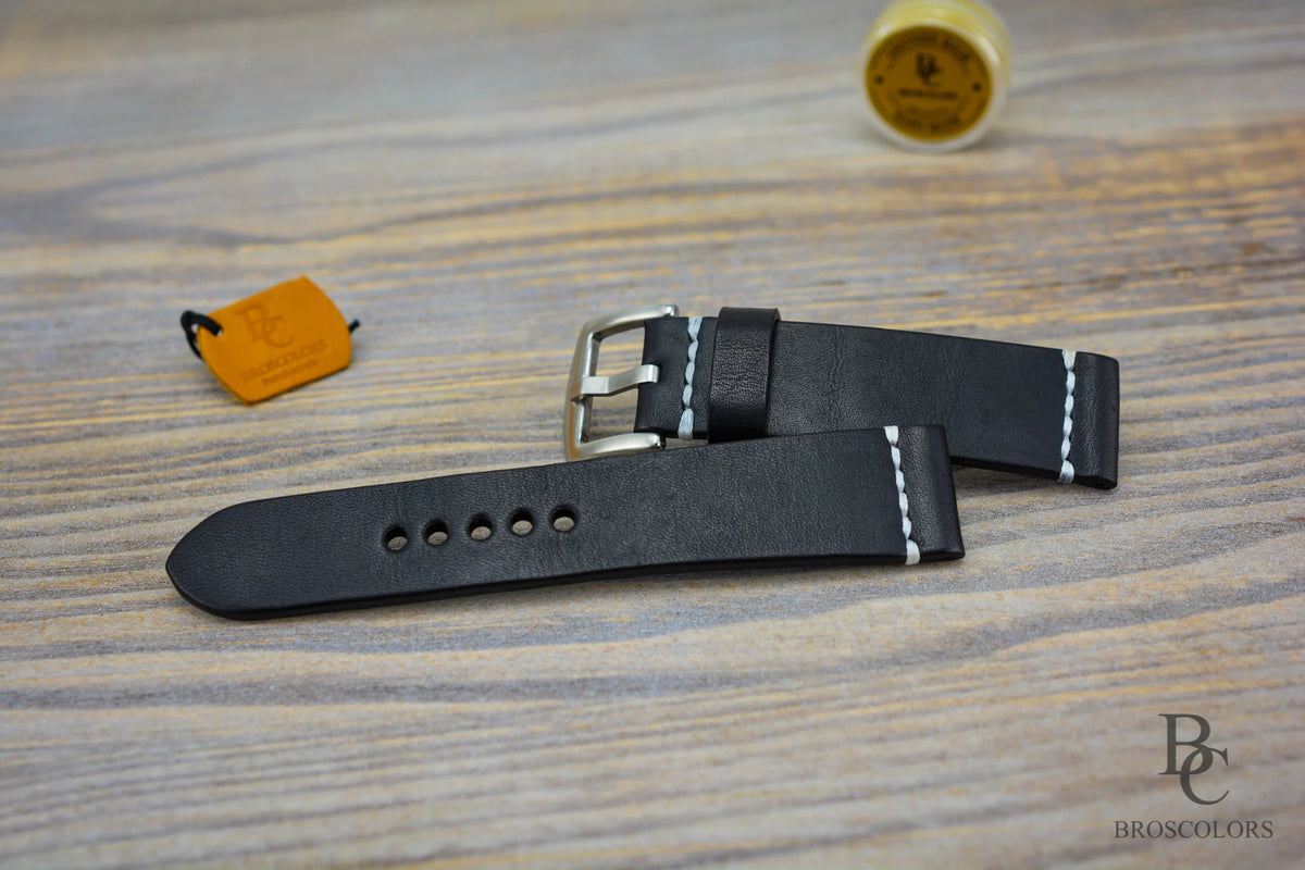 Black Leather Watch Strap with Waxed Stitching
