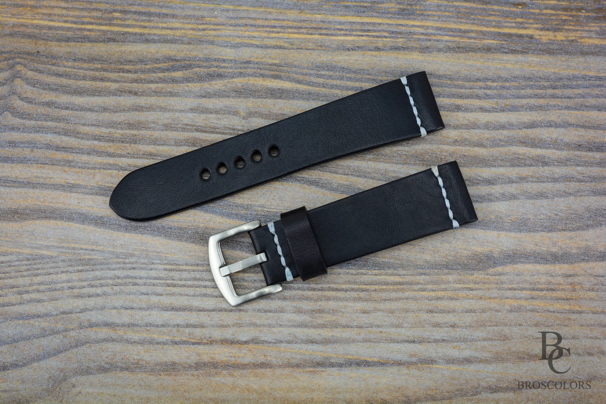 Black Leather Watch Strap with Waxed Stitching