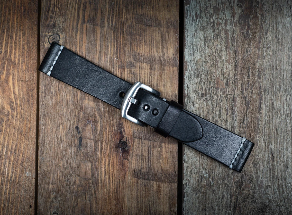 Black Leather Watch Strap with Waxed Stitching