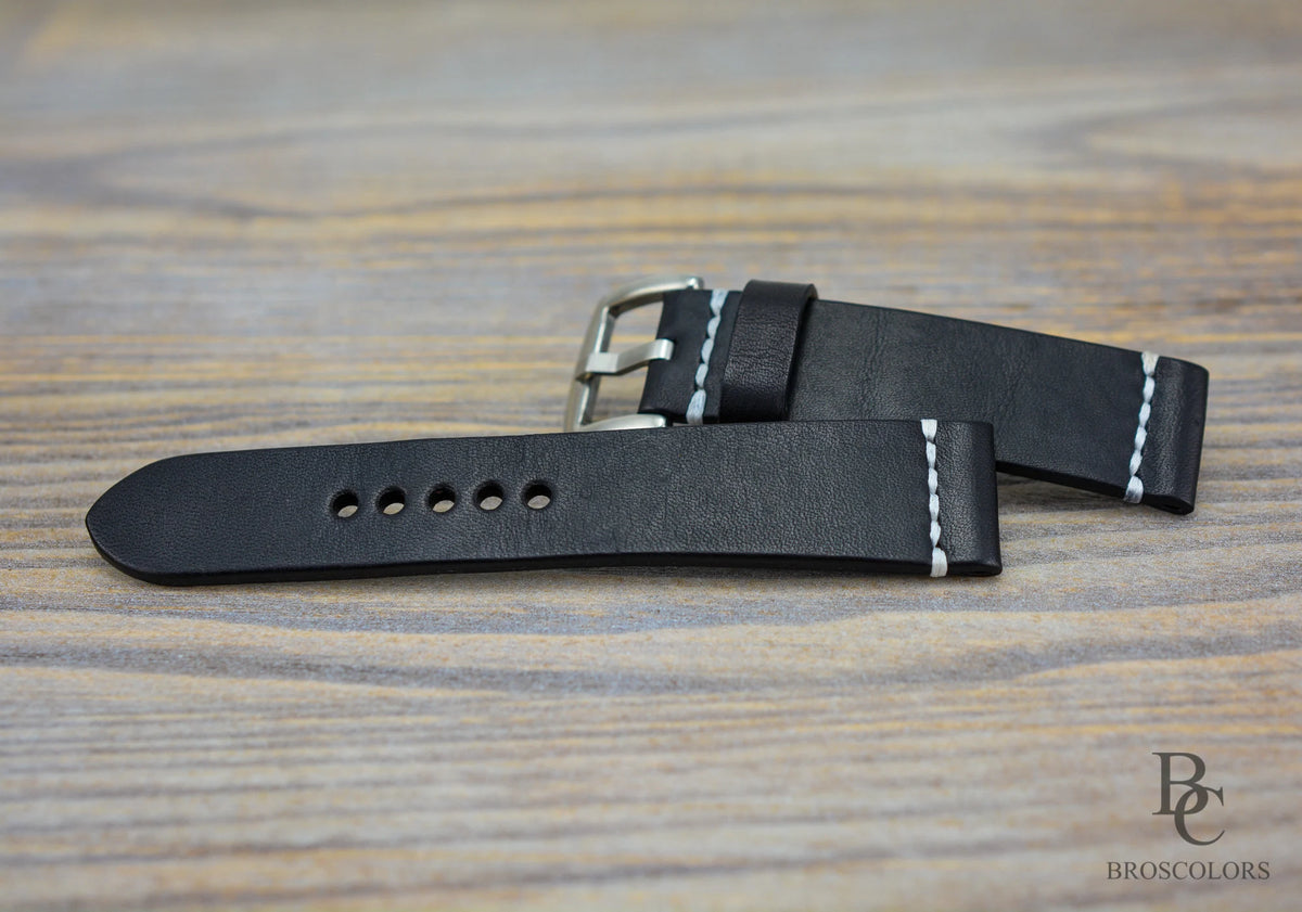 Black Leather Watch Strap with Waxed Stitching