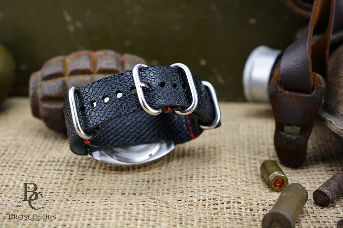 Black Leather Army Watch Strap with Custom Stitching