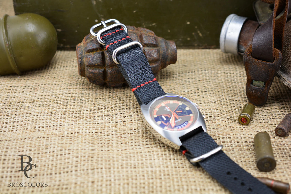 Black Leather Army Watch Strap with Custom Stitching
