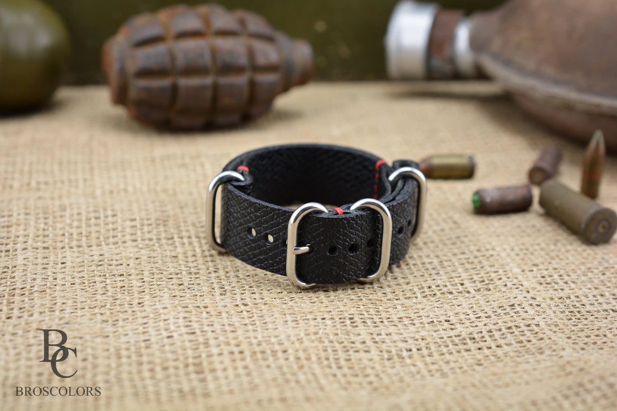 Black Leather Army Watch Strap with Custom Stitching