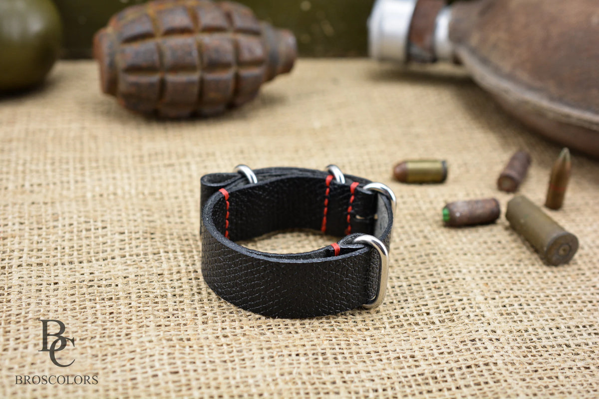 Black Leather Army Watch Strap with Custom Stitching