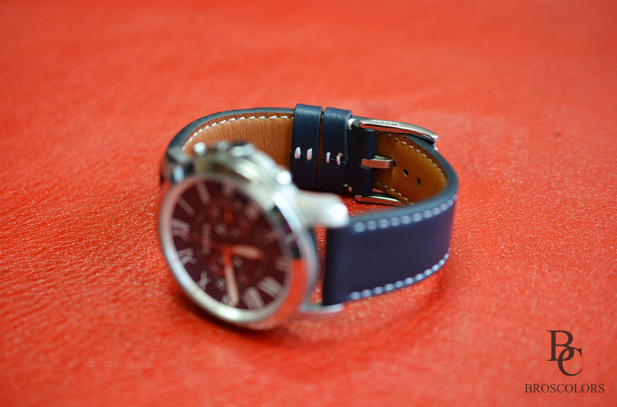 Blue Leather Watch Strap with Custom Stitching