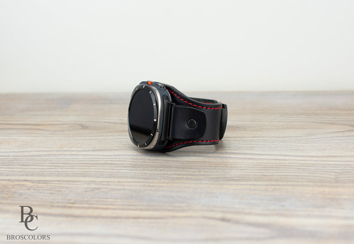 Black Leather Cuff Band for Samsung Galaxy Ultra 47mm / Galaxy 8 Classic