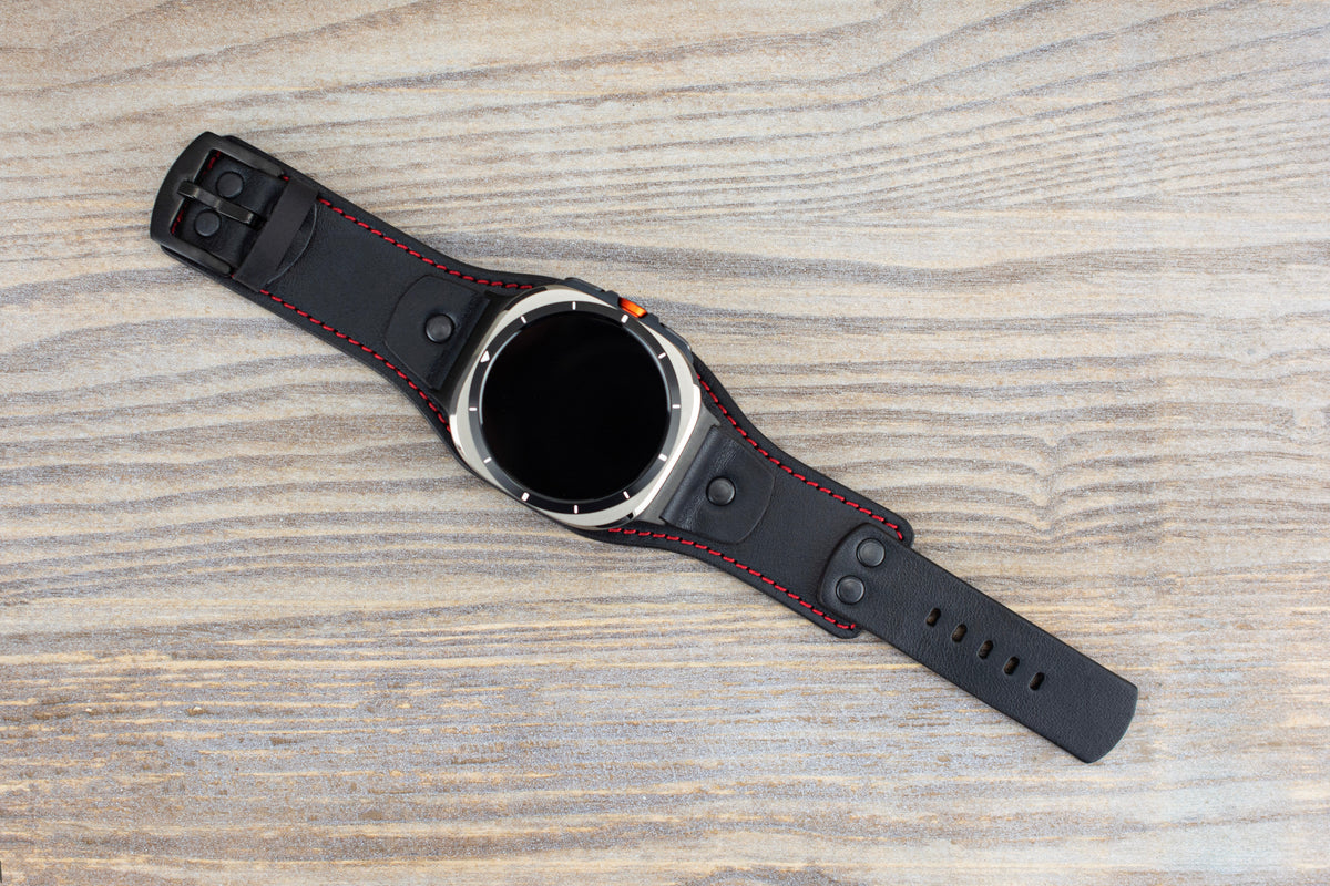 Black Leather Cuff Band for Samsung Galaxy Ultra 47mm / Galaxy 8 Classic