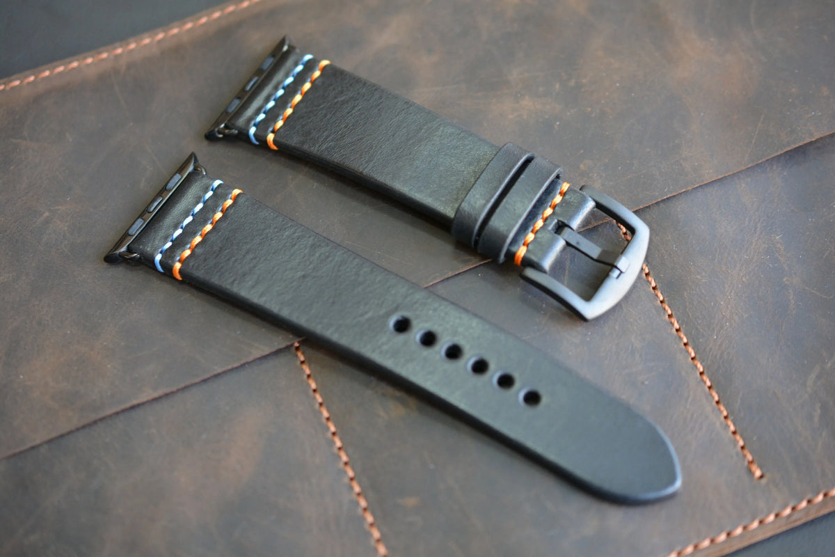 Black Leather Apple Watch Strap with 2 Customizable Stitching Colors - Double Fun