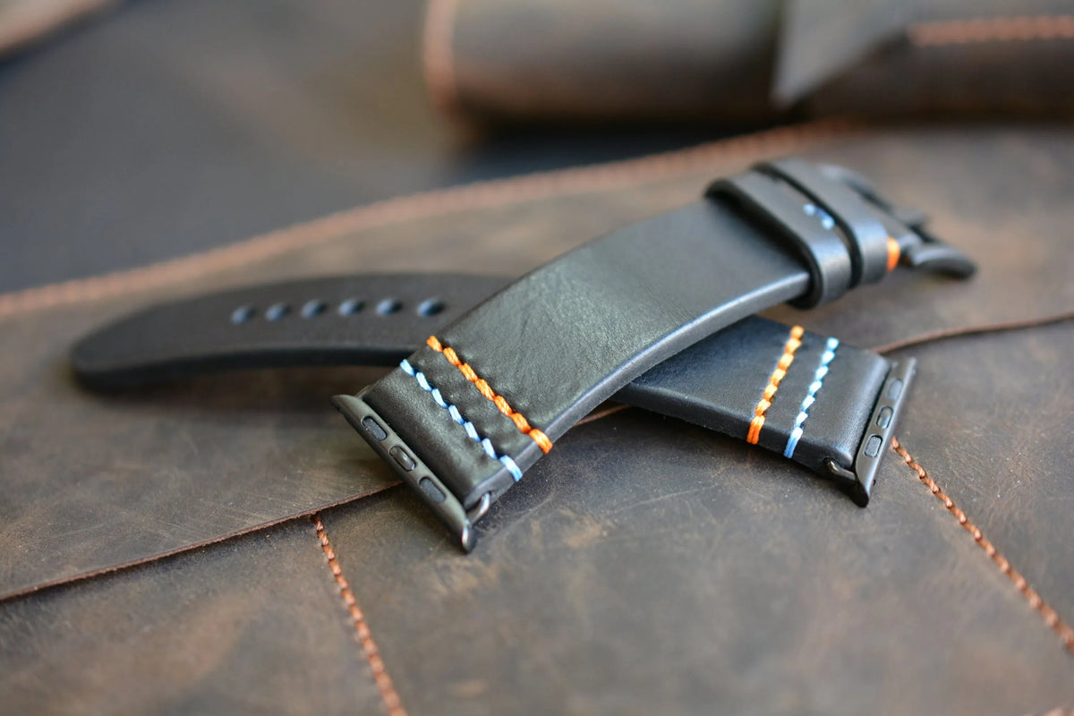Black Leather Apple Watch Strap with 2 Customizable Stitching Colors - Double Fun