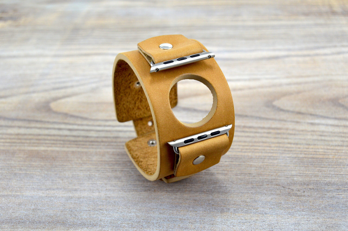 Light Brown Leather Apple Cuff Watch Band - Light and Comfy