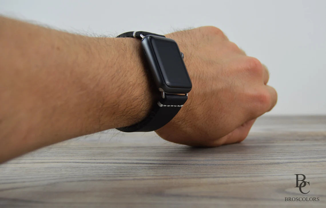 Black Leather Apple Watch Strap Custom Stitching - All Series