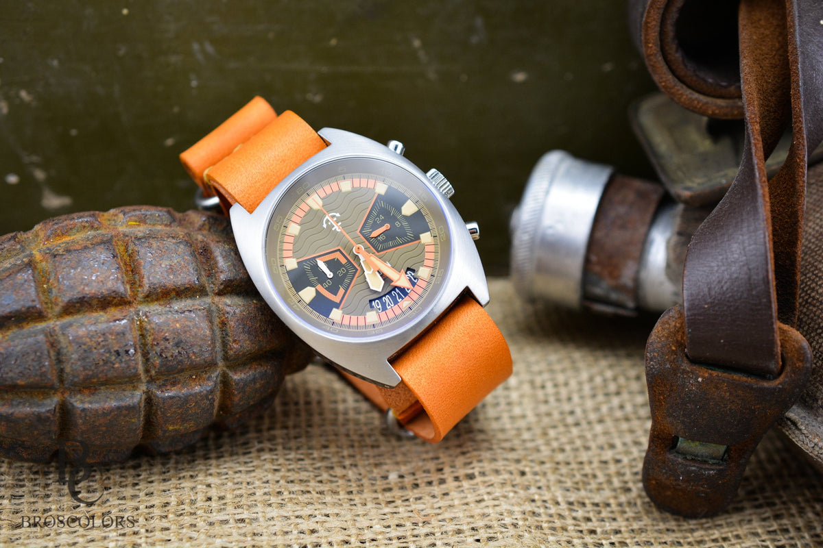 unique orange leather military watch strap. Army style leather watch strap