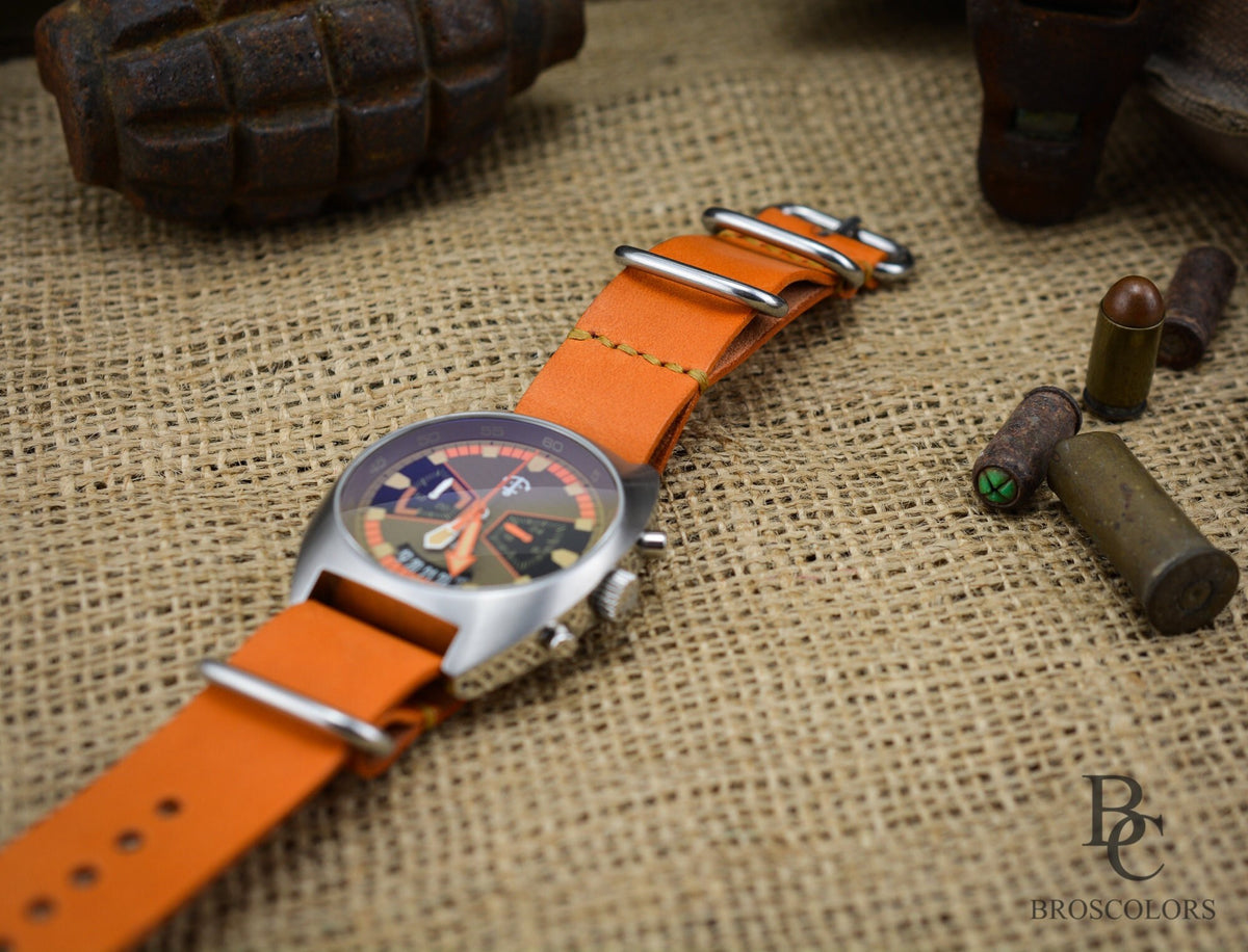 Orange leather zulu watch strap in army design and military style. Hand stitched with special waxed threads